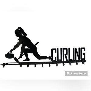 Metal Girls Curling Medal Holder 24” long, 10 hooks to hang medals